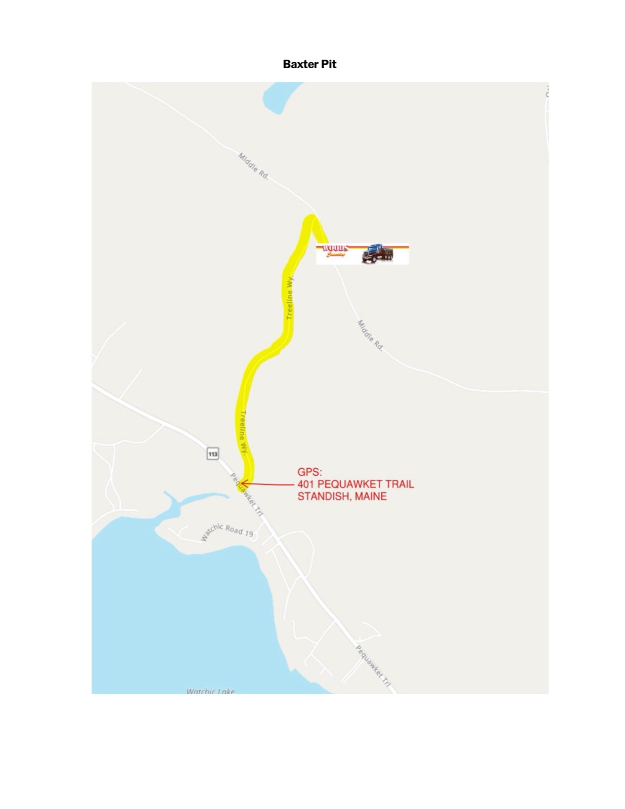Map showing the route to Baxter Pit at 401 Pequawket Trail in Standish