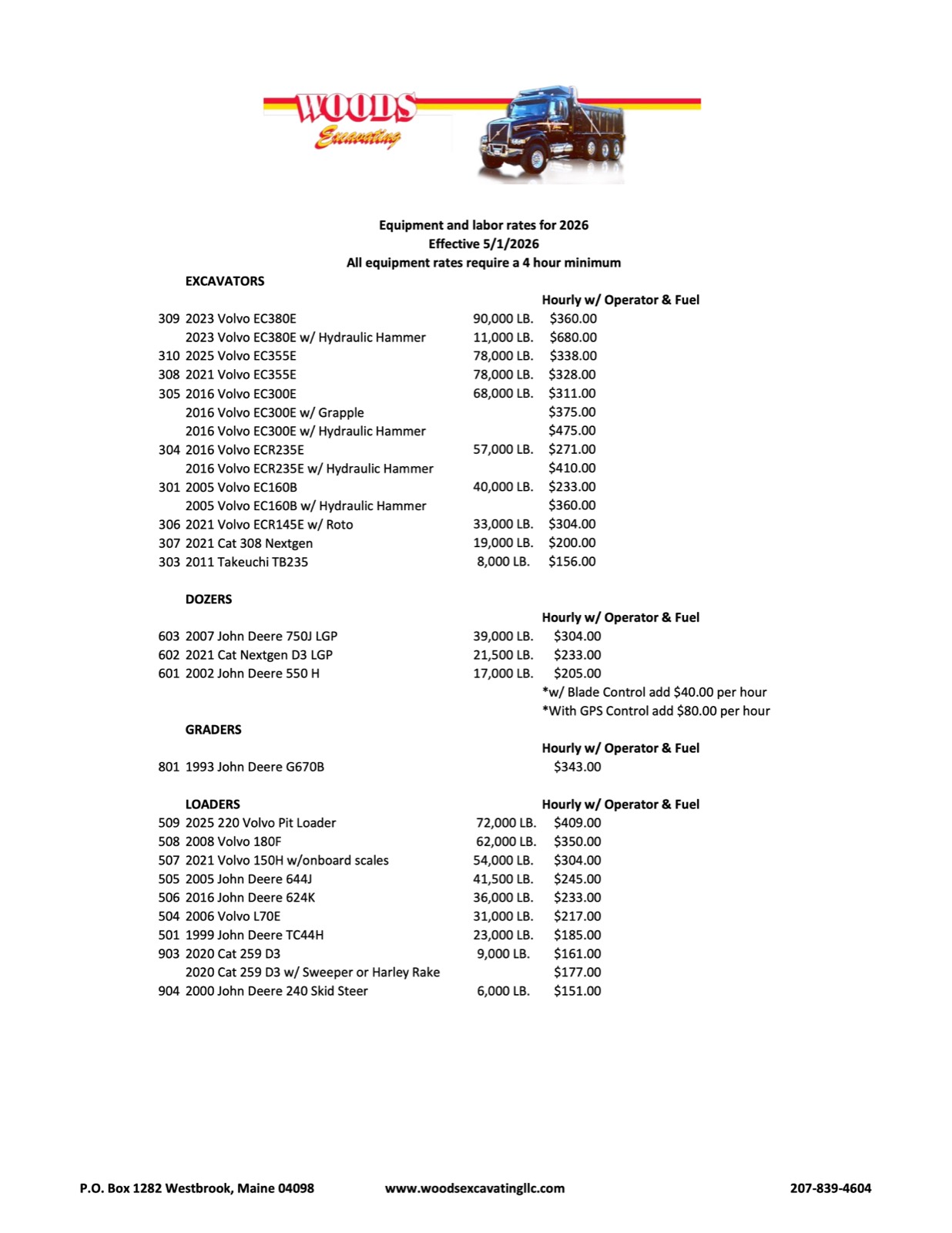 2026 rate sheet page 1: excavators, dozers, graders, and loaders, hourly with operator and fuel
