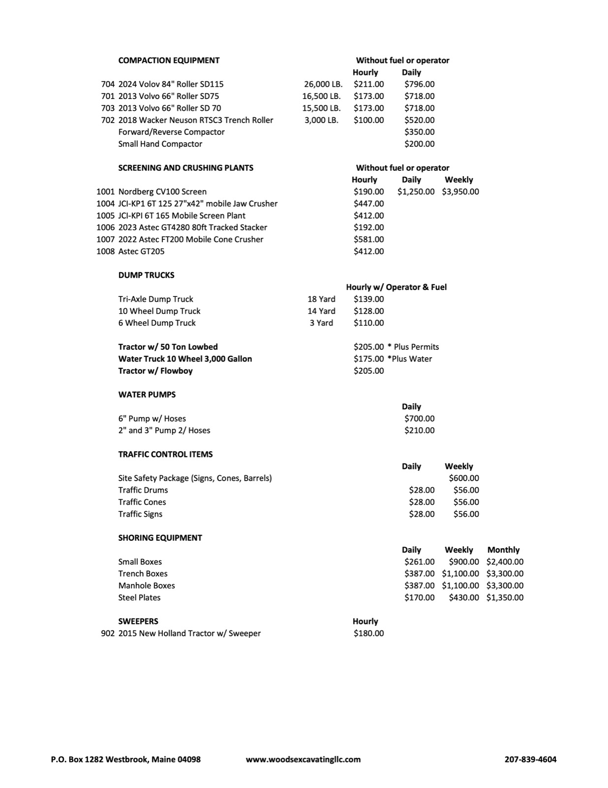 2026 rate sheet page 2: compaction, crushing and screening, dump trucks, pumps, traffic control, shoring, and sweepers