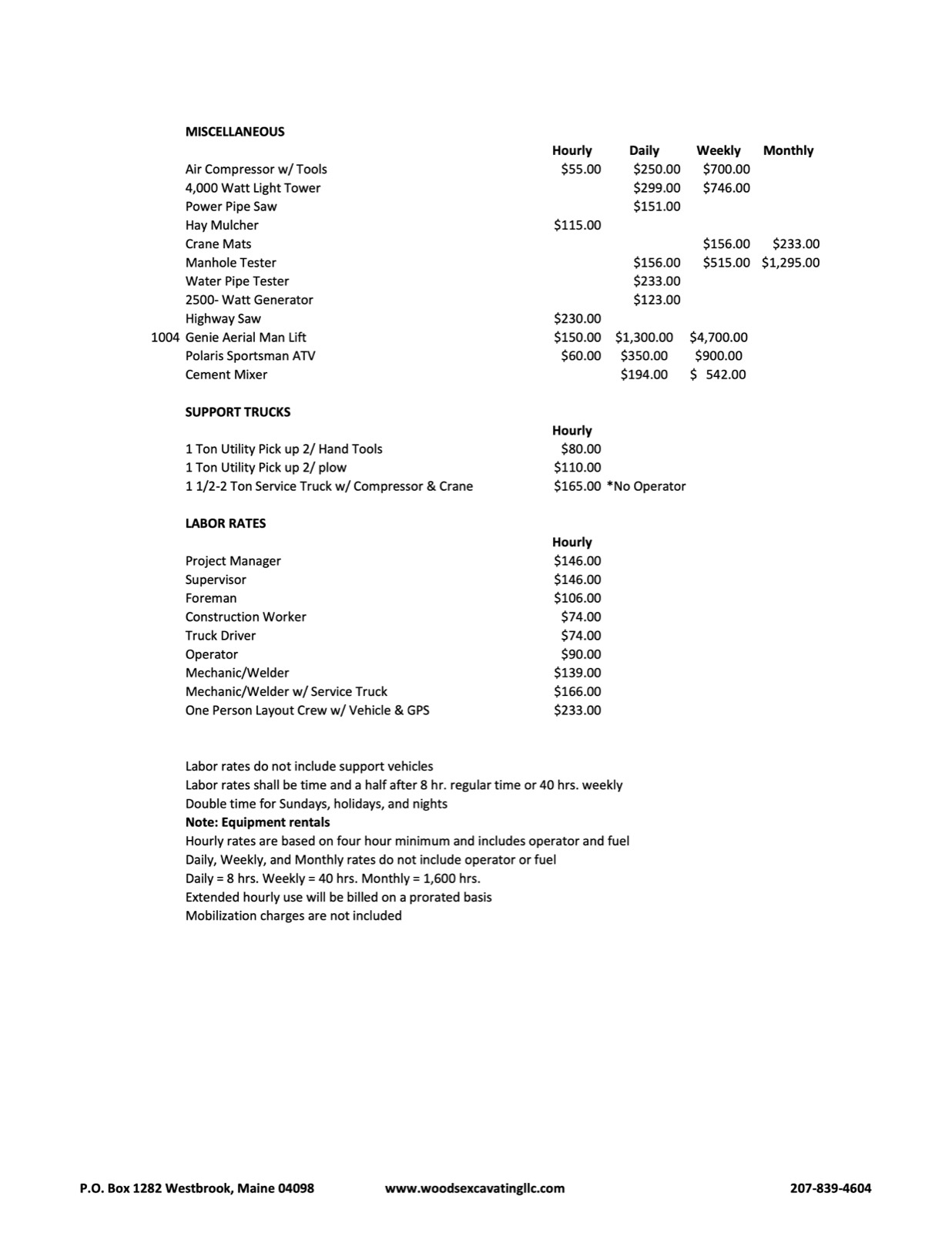 2026 rate sheet page 3: miscellaneous equipment, support trucks, labor rates, and terms