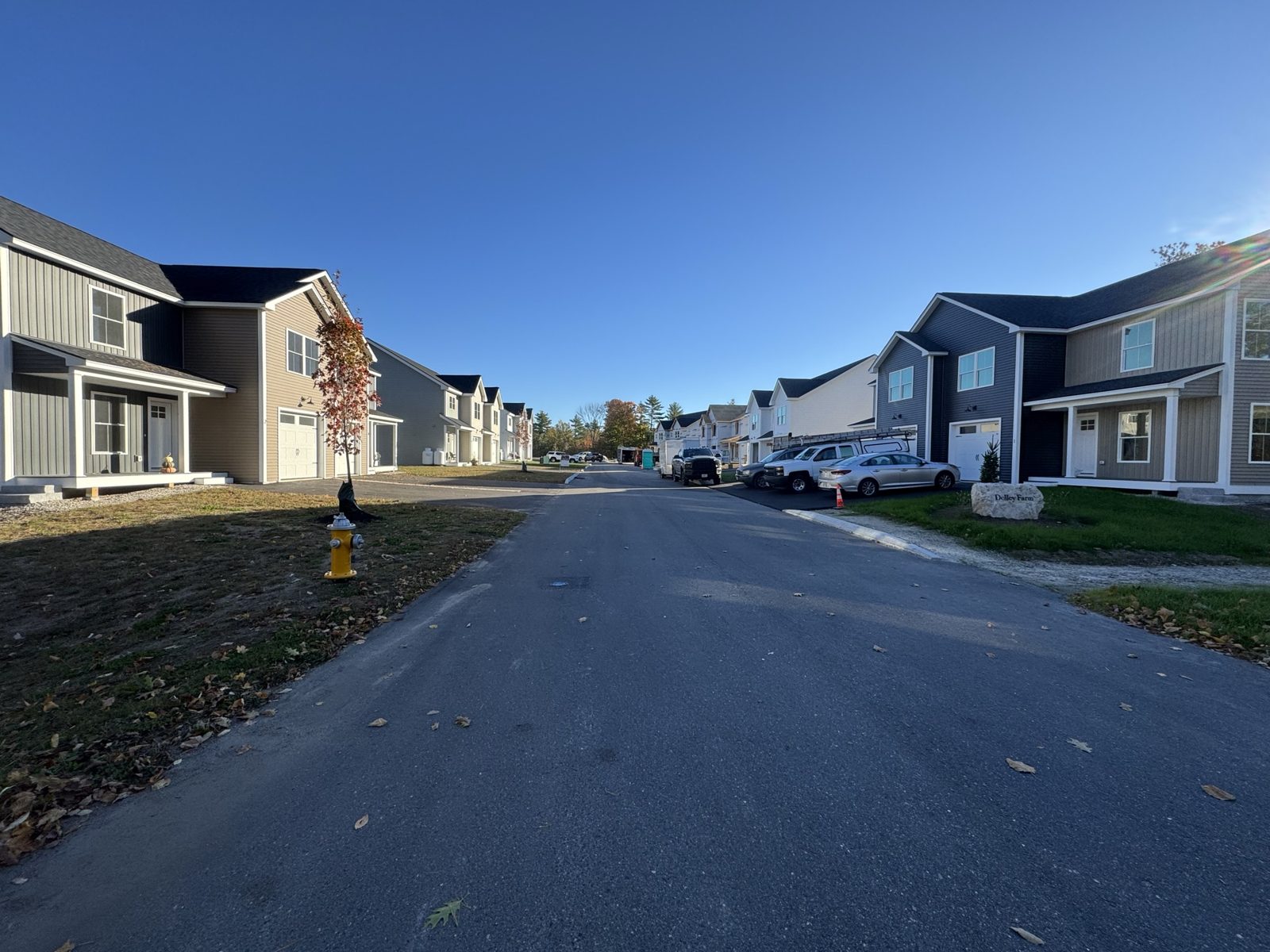 Dolley Farm Condominiums, Windham: finished street with new homes, hydrant and curb